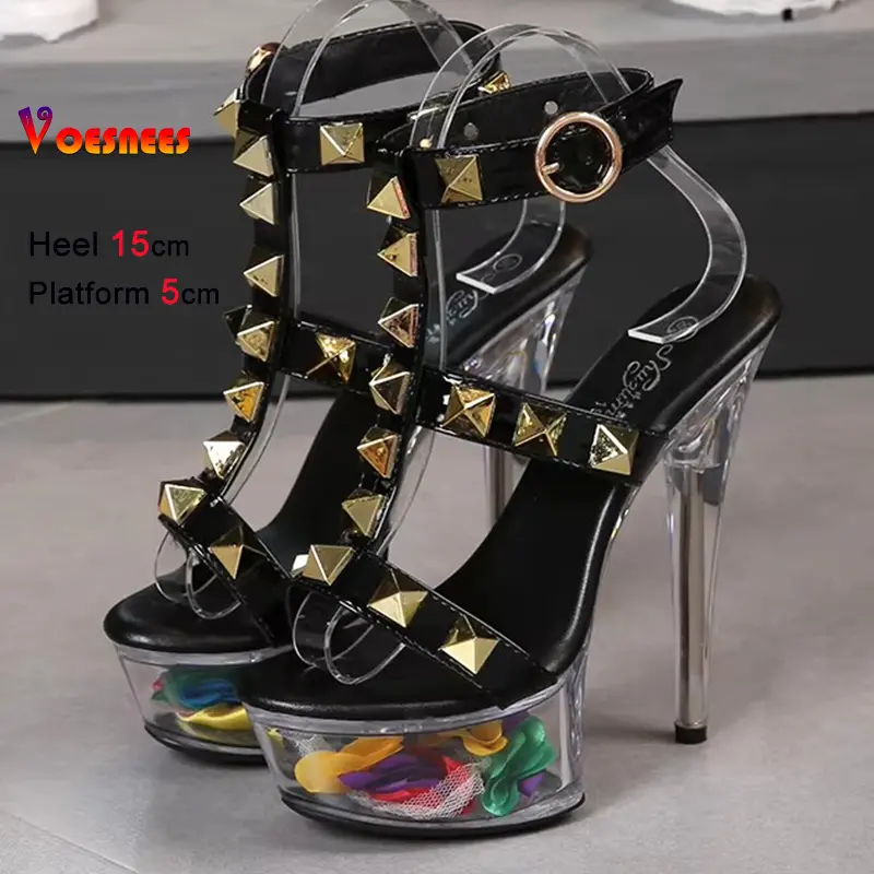 Transparent Platform Striptease Women Sandals with Chic Rivets High Heel Nightclub Show Models Shoes Thin Heel Gladiato Stiletto