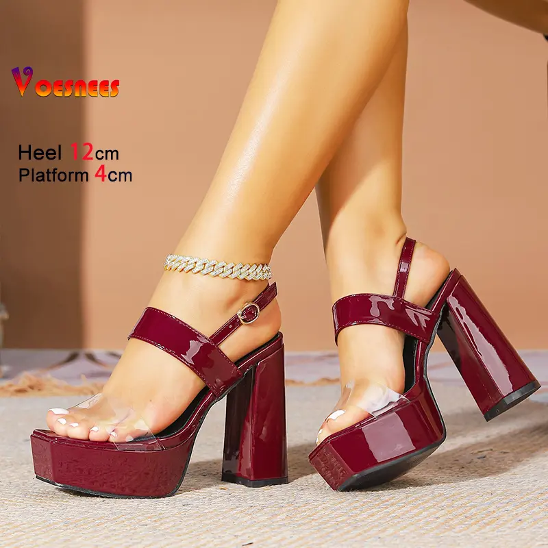 Square Head Transparent PVC Shoes For Women Thick Platform Back Strap Sandals Fashion Star Europe and America 12CM High Heels 