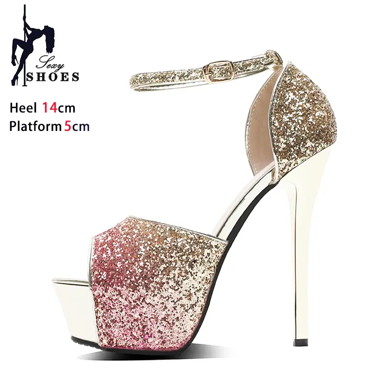 New 14CM Bling Sandals 4CM Platform Sexy Peep Toe Super High Heels Gradient Color Summer Women Stilettos Gold Pole Dance Shoes