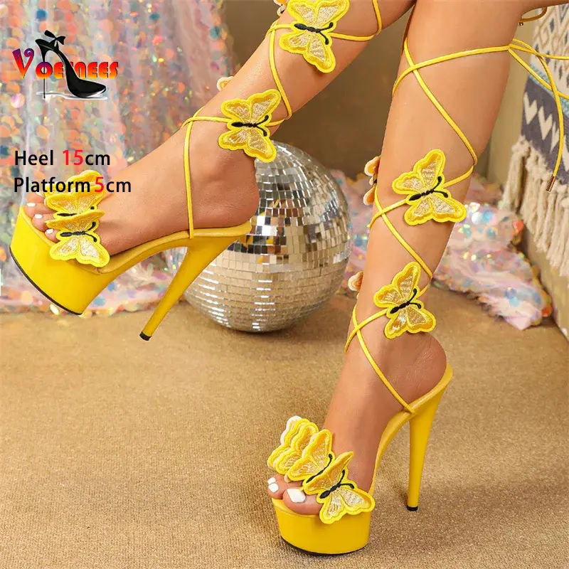 15CM Elegant Women Shoes 2024 New Pink Yellow Cross Strap Platform Sandals Handmade Embroidery Butterfly Open Toe High Heels