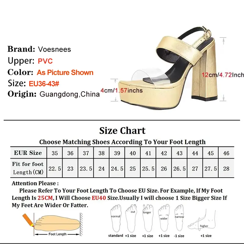 Transparent PVC Sandals For Women 12CM Luxury Square Toe Gold Fetish Shoes Female Platform Chunk High Heels Nightclub Party Wear
