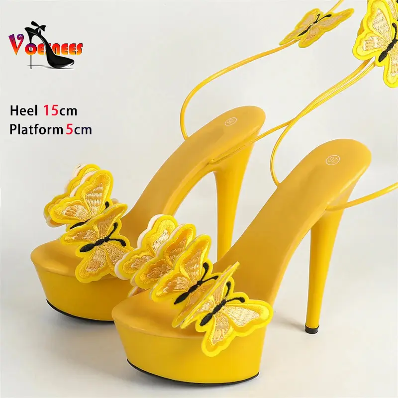 15CM Elegant Women Shoes 2024 New Pink Yellow Cross Strap Platform Sandals Handmade Embroidery Butterfly Open Toe High Heels