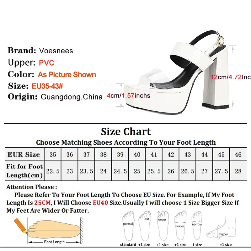 2025 New White Sandals 12CM Fashion Square Toe Nightclub Stage Block High Heels Summer Transparent PVC Gladiator Platform Shoes