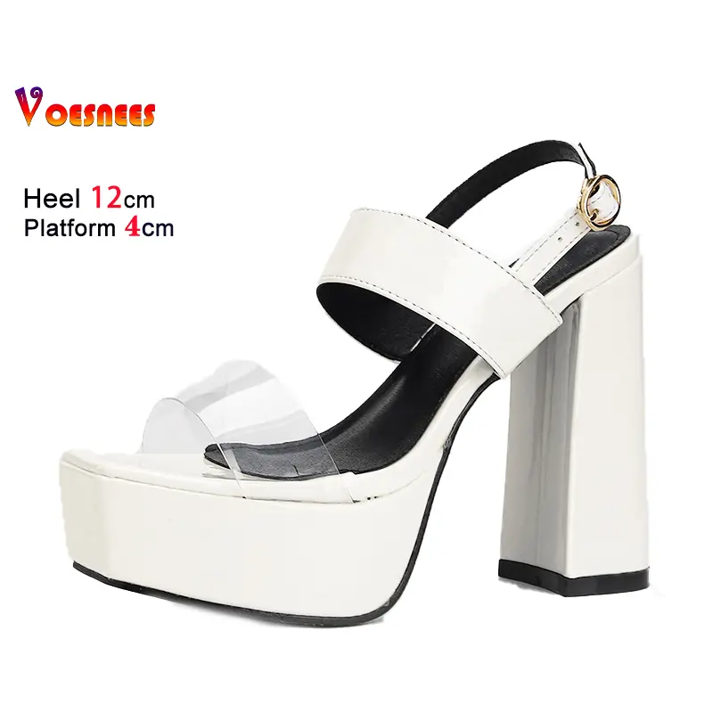 2025 New White Sandals 12CM Fashion Square Toe Nightclub Stage Block High Heels Summer Transparent PVC Gladiator Platform Shoes
