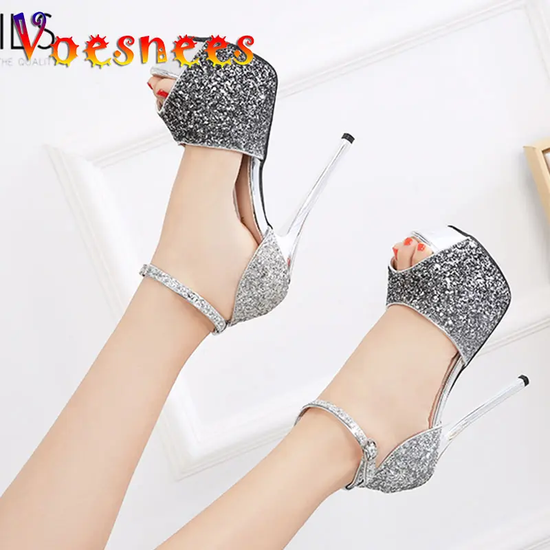 New Sequin Thin High Heels Women's Side Empty Fish Mouth Sandals Waterproof Platform Banquet Wedding Shoes Gradient Prom Pumps