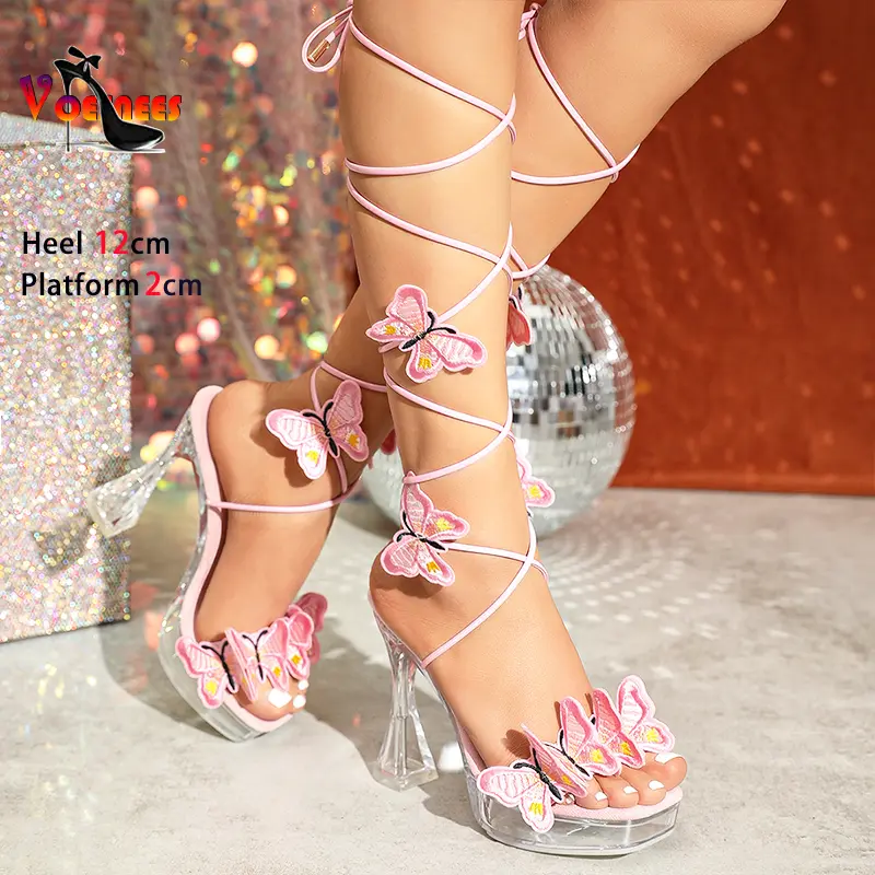 12CM Transparent Platform Square Toe Sandals Model Show Fashion Lace Up High heels Summer Nightclub Butterfly Shoes For Women