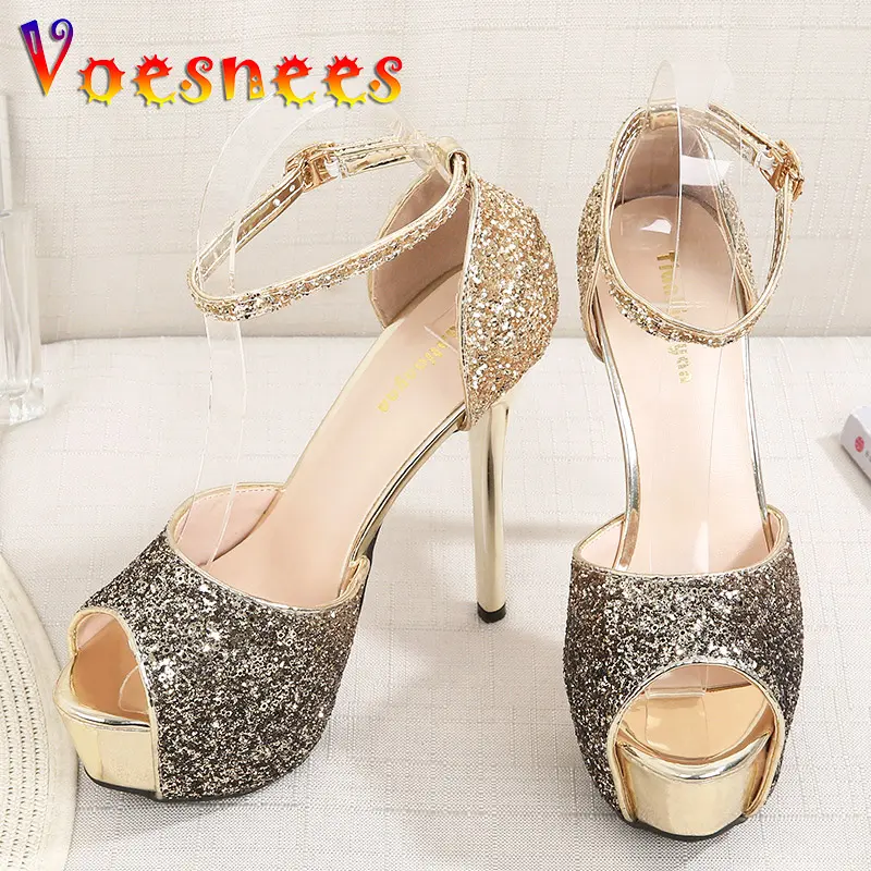 New Sequin Thin High Heels Women's Side Empty Fish Mouth Sandals Waterproof Platform Banquet Wedding Shoes Gradient Prom Pumps