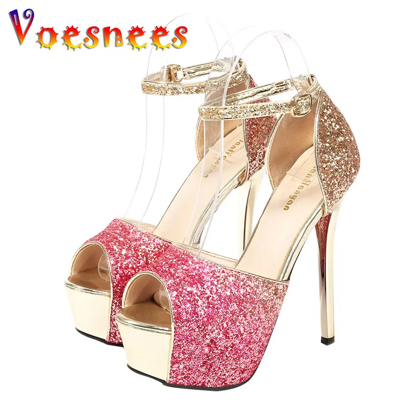 New Sequin Thin High Heels Women's Side Empty Fish Mouth Sandals Waterproof Platform Banquet Wedding Shoes Gradient Prom Pumps