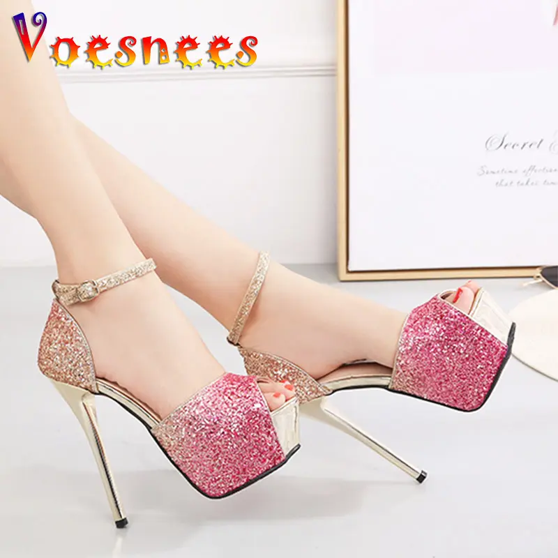 New Sequin Thin High Heels Women's Side Empty Fish Mouth Sandals Waterproof Platform Banquet Wedding Shoes Gradient Prom Pumps