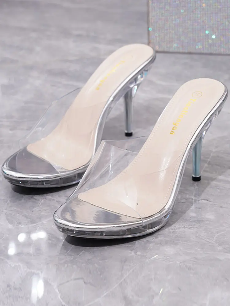 Silvery High Heels 10cm Women Shoes Slippers Fine Heels PVC Transparent Round Head Ladies Pumps Crystal Heeled Slide Party Shoes