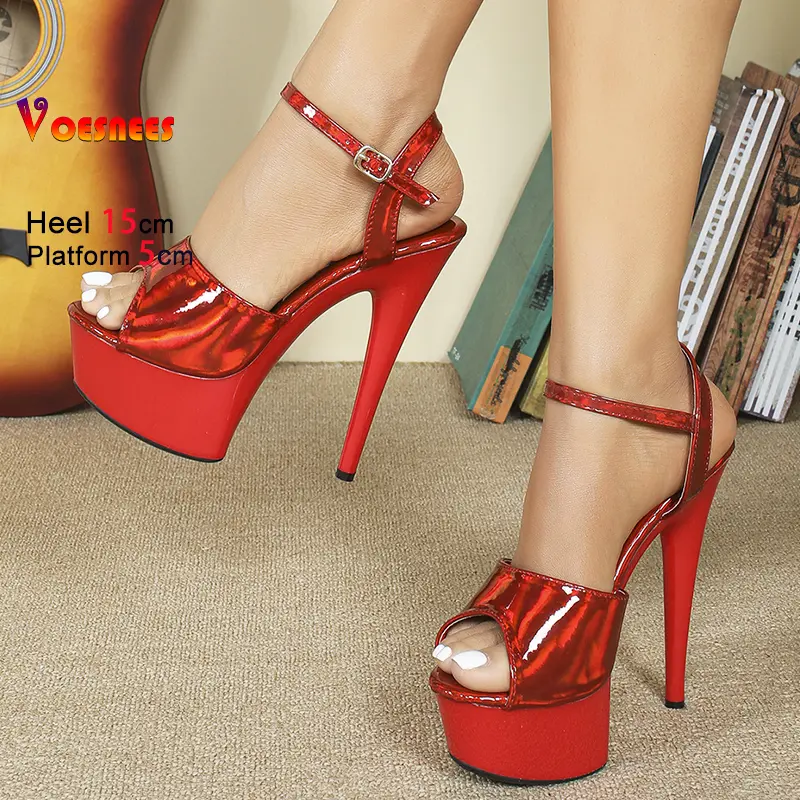 Stripper Heels 15CM Thin High Heeled Shiny Holographic Summer Women Shoes For Party Nightclub Pink Thick Platform Sandals Ladies