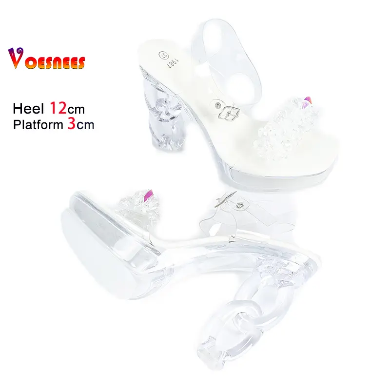 Crystal Transparent Shoes 12CM Clear Heels Fashion String Bead Summer Square Toe Party Sandals For Women In Buckle Strap White