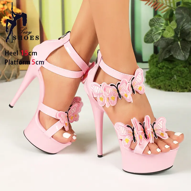 Nightclub Butterfly Sandals Rome Style Summer Ankle Strap Pole Dance Shoes Women Platforms 15CM Model Walking Show High Heels