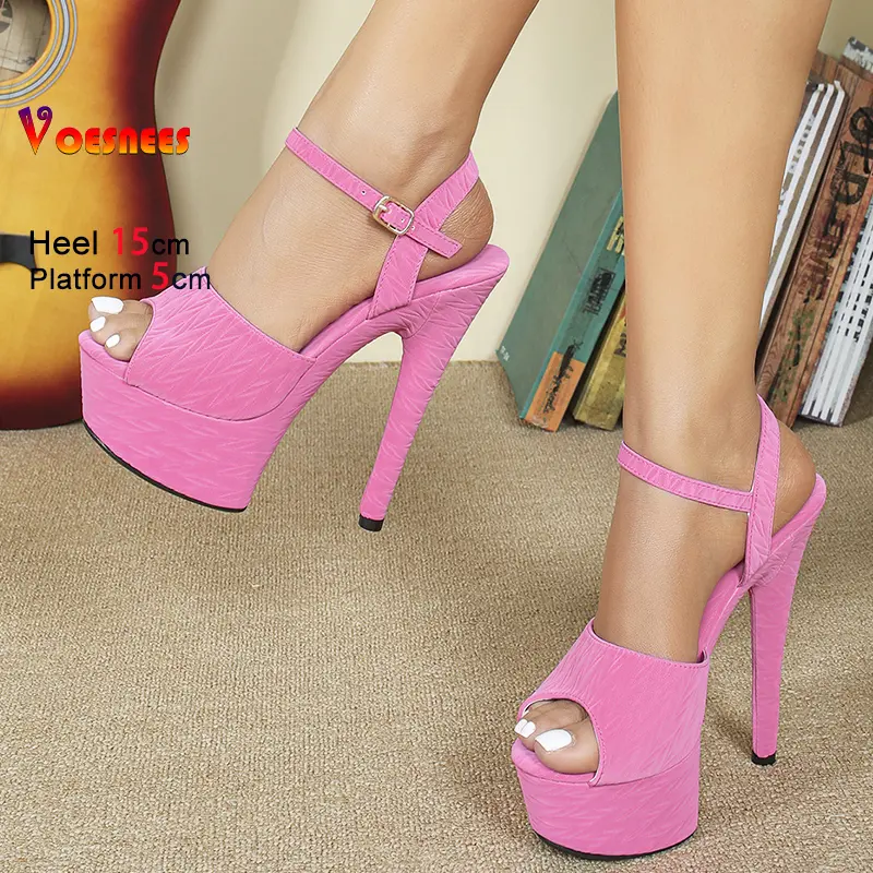 2025 Summer Women High Heels Model Catwalk Show Thick Platform Sandals Pink Buckle Strap Super High Heeled 15CM Pole Dance Shoes