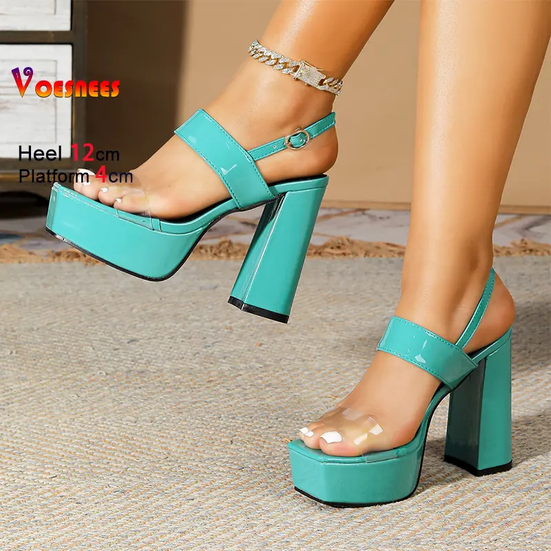 Size 35-43 Women Transparent PVC Platform Sandals Nightclub Party 12CM Block Heels Summer Back Strap Square Toe Shoes For Woman