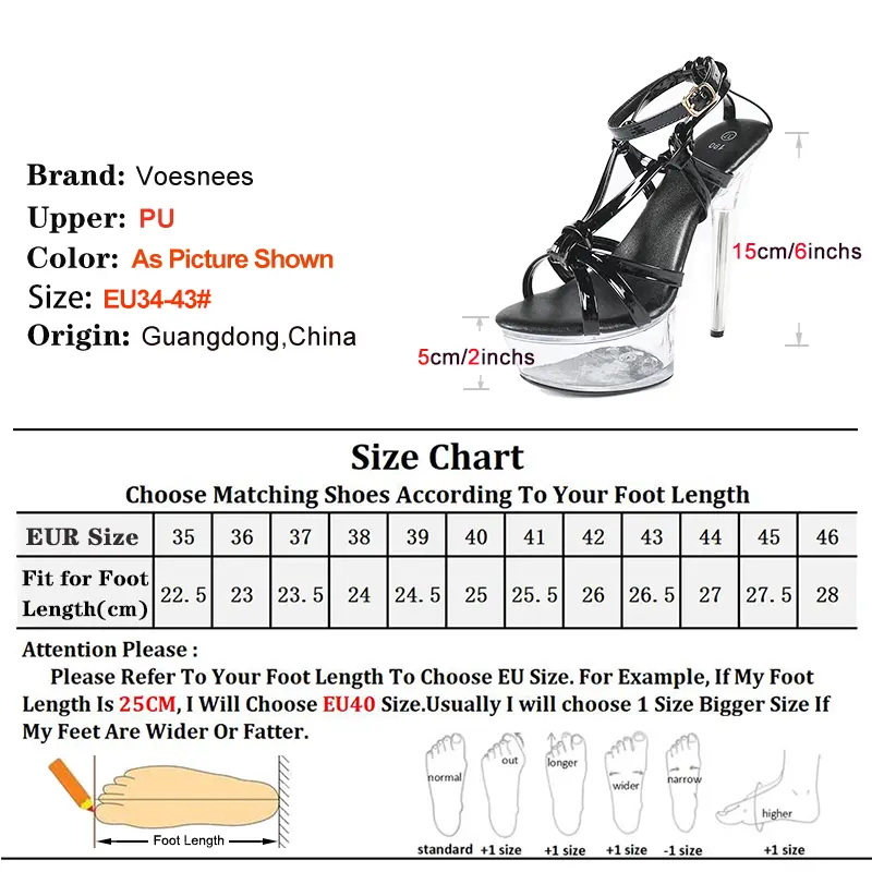 Clear High Heels Sandals For Women 15CM Crystal Platform Sexy Dance Shoes Summer Ankle Strap Large Size Cross Band Black Sandals