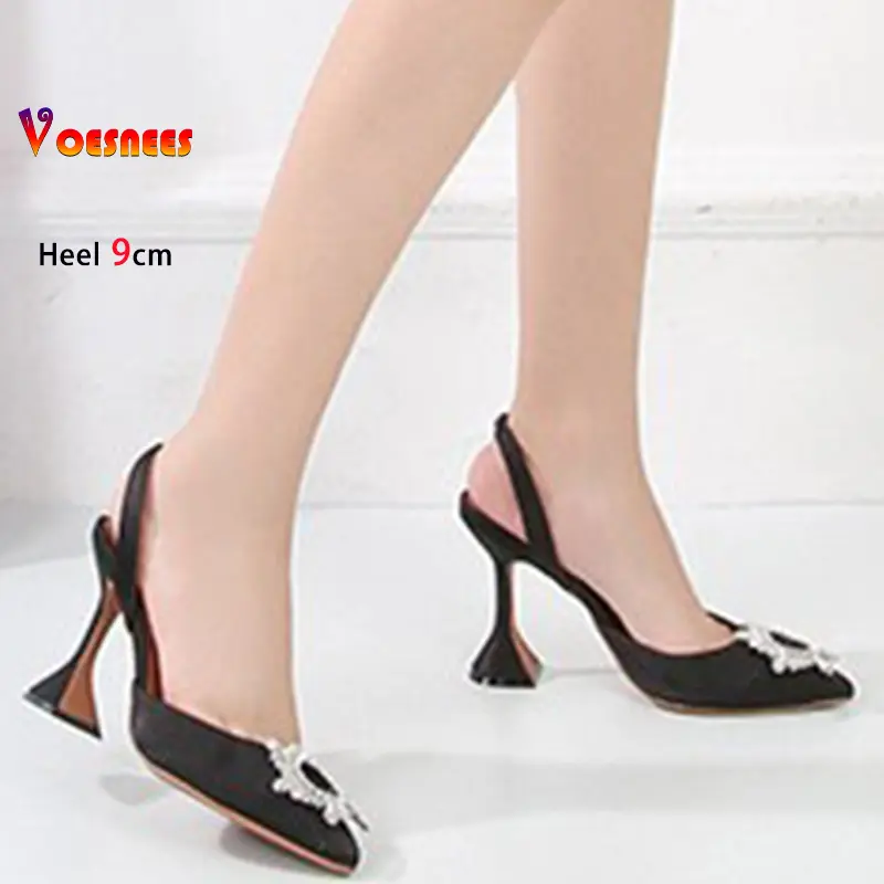 Rose Red High Heels Women Shoes Thin Heels Silk Satin Pointed Ladies Pumps Sunflower Crystal Diamond Buckle Sandals Party Shoes