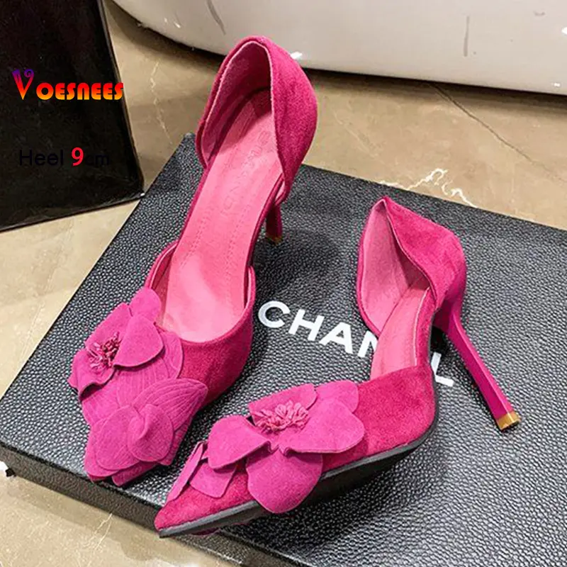 Brand Women Pumps 9CM Stiletto Side Empty Fashion Flower Decorative Party Banquet Shoes Spring Summer Suede Pointed High Heels