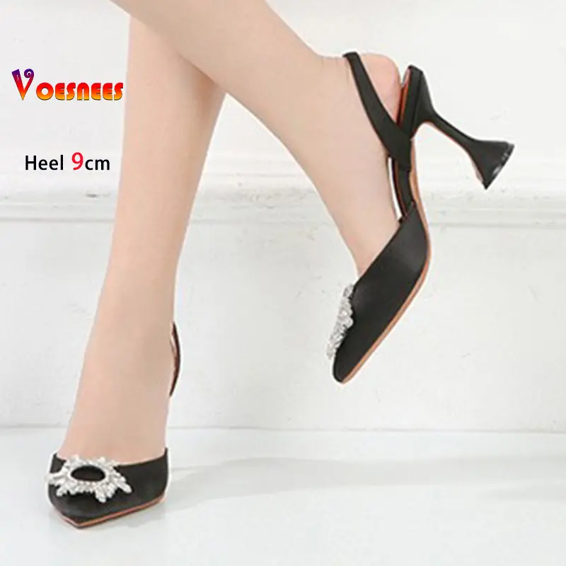 Rose Red High Heels Women Shoes Thin Heels Silk Satin Pointed Ladies Pumps Sunflower Crystal Diamond Buckle Sandals Party Shoes