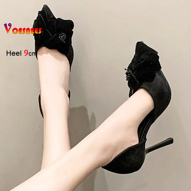 Brand Women Pumps 9CM Stiletto Side Empty Fashion Flower Decorative Party Banquet Shoes Spring Summer Suede Pointed High Heels