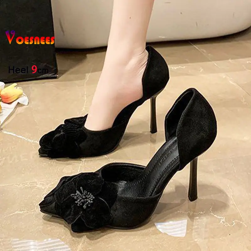 Brand Women Pumps 9CM Stiletto Side Empty Fashion Flower Decorative Party Banquet Shoes Spring Summer Suede Pointed High Heels