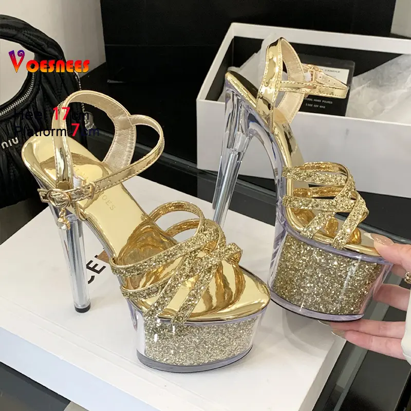 Super High Heel Sequined Sandals Woman Luxury Prom Shoes 17CM Stiletto Narrow-band Transparent Crystal Model Catwalk Show Shoes