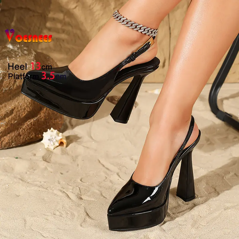 Women 13CM Summer Pointed Buckle Strap Single Shoes Elegant Woman Shallow Mouth Black Platform Slingback Office High Heels Pumps