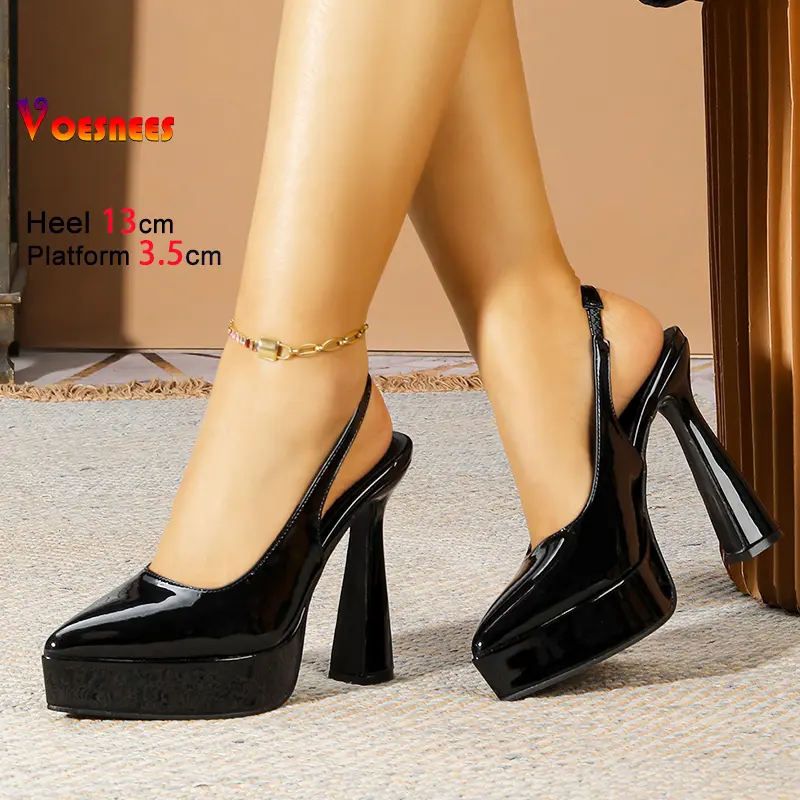 Black High Heels For Women 13CM Fashion Pointed Toe Slingbacks Single Shoes Summer Comforty Thick Platform Patent Leather Pumps
