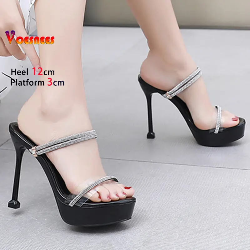 PVC Round Toe Ladies Pumps Black High Heels 12cm Platform 3cm Women's Shoes Thin Heels Rhinestone Slip On Sandals Banquet Shoes