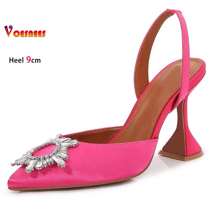 Rose Red High Heels Women Shoes Thin Heels Silk Satin Pointed Ladies Pumps Sunflower Crystal Diamond Buckle Sandals Party Shoes