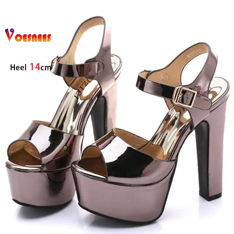 Coarse Heels Gun Color High Heels 14cm Platform Women's Shoes Round Toe Ladies Pumps Peep Toe Buckle Strap Sandals Casual Shoes