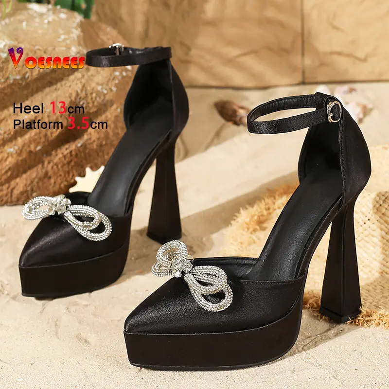 13CM Pointed Toe High Heel Sandals For Women Summer Silk Satin Party Banquet Shoes Luxury Rhinestone Bowknot Elegant Woman Pumps