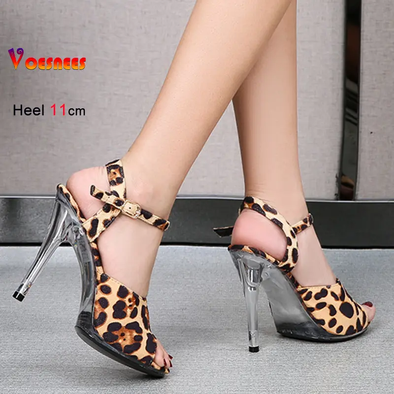 Summer 11CM Thin Heel Women's Open Toe Transparent Sandals Sexy Leopard Print Solid Color Stiletto Heels Party Club Shoes