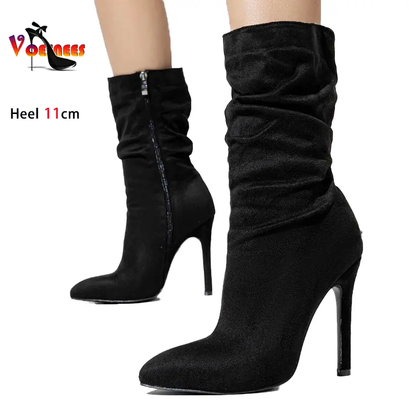 2024 New Woman Mid-tube Boots Faux Suede Pointed Toe Women's Shoes 11CM Stiletto Heels Lady Fashion Pleated Boots Large Size 42