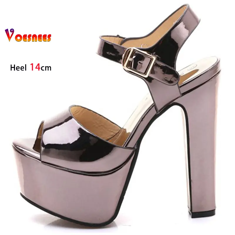 Coarse Heels Gun Color High Heels 14cm Platform Women's Shoes Round Toe Ladies Pumps Peep Toe Buckle Strap Sandals Casual Shoes