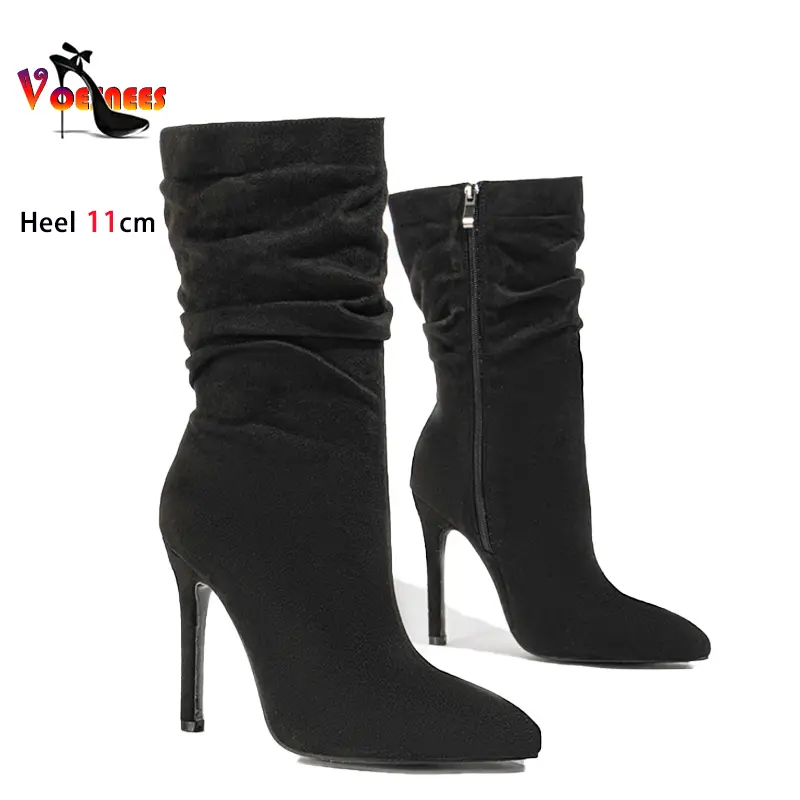 2024 New Woman Mid-tube Boots Faux Suede Pointed Toe Women's Shoes 11CM Stiletto Heels Lady Fashion Pleated Boots Large Size 42