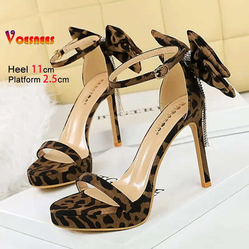 Leopard Print Sandals With Rhinestone Tassels Summer Luxurious Prom Shoes Narrowband Buckle Women Bowknot Sexy High Heels 11CM