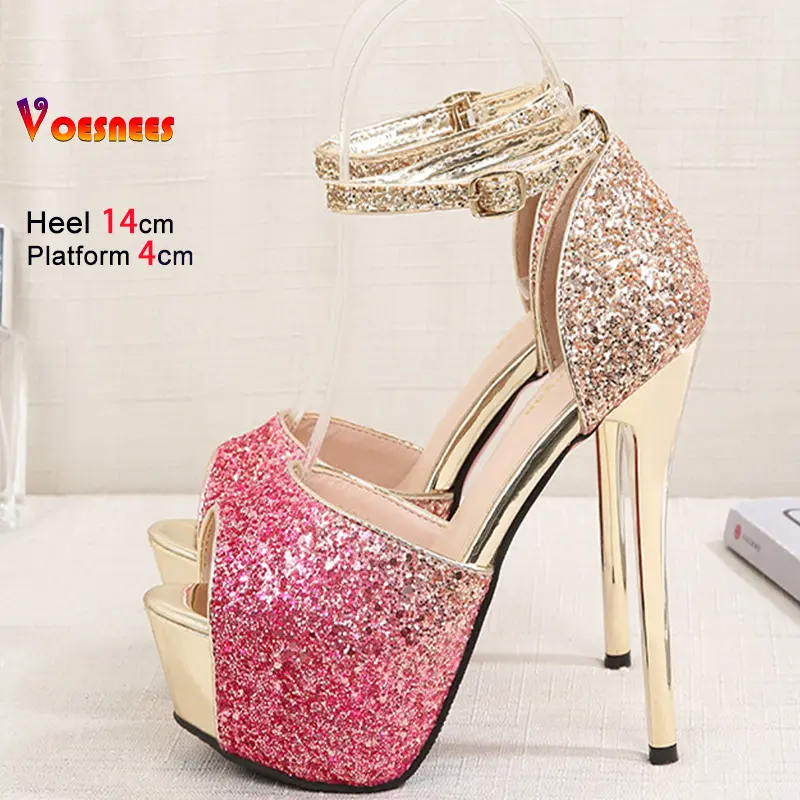 Sexy Peep Toe Thin High Heels Women Pumps Summer Party Dress Shoes Bling Ladies Shoes Side Empty Stiletto Sequin Single Shoes