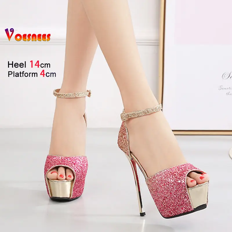 Sexy Peep Toe Thin High Heels Women Pumps Summer Party Dress Shoes Bling Ladies Shoes Side Empty Stiletto Sequin Single Shoes