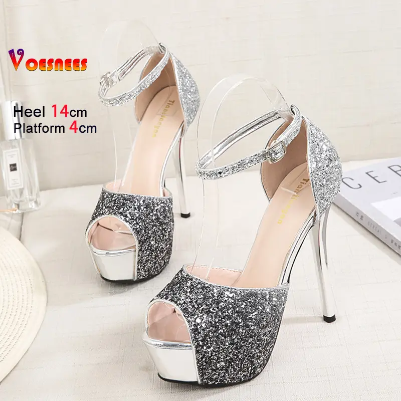 Sexy Peep Toe Thin High Heels Women Pumps Summer Party Dress Shoes Bling Ladies Shoes Side Empty Stiletto Sequin Single Shoes
