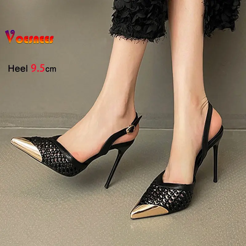Metal toe cap French style Slingback High Heel Sandals 9.5CM Black Hollow Out Summer Pointed Party Office Shoes Woman Sandals