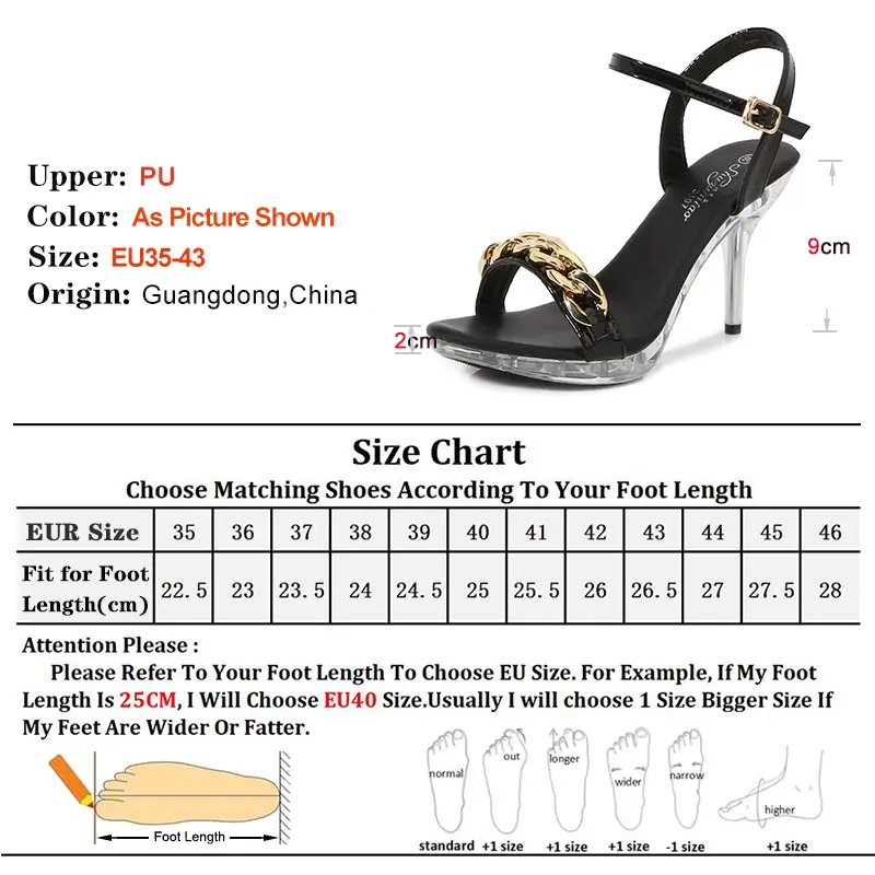 2025 Summer Women's High Heel Sandals Transparent Platform Sexy Party Shoes Gold Chain Stilettos 9cm Buckle Strap Ladies Shoes