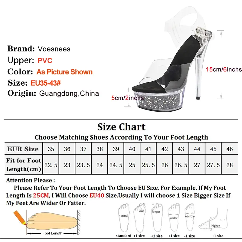 Europe and America Plus Size Transparent PVC Sexy Platform Sandals Summer Women's Thin Heels Clear Sequined Runway Model Shoes