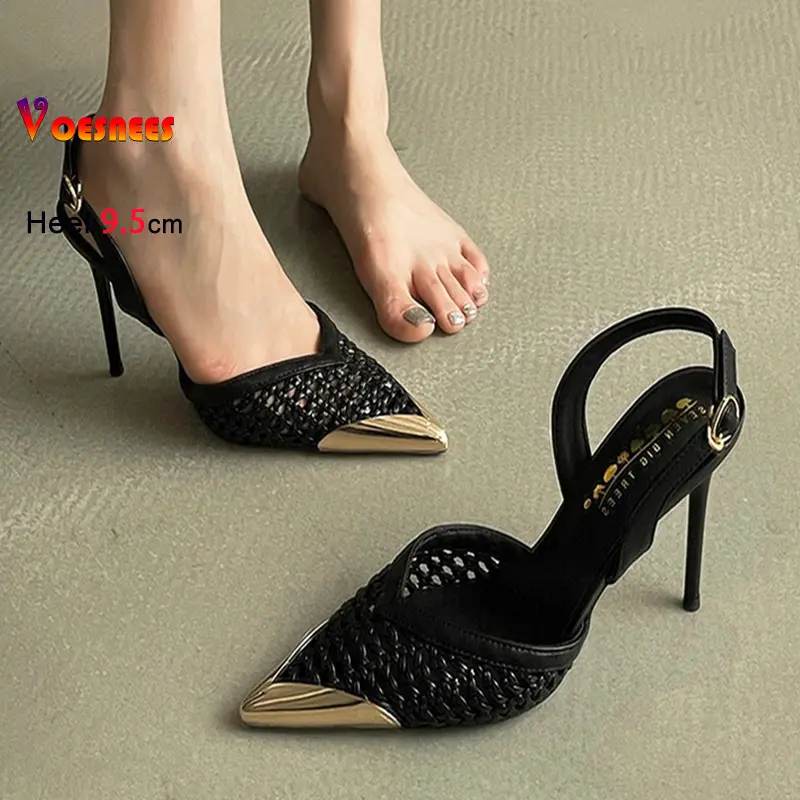 Metal toe cap French style Slingback High Heel Sandals 9.5CM Black Hollow Out Summer Pointed Party Office Shoes Woman Sandals