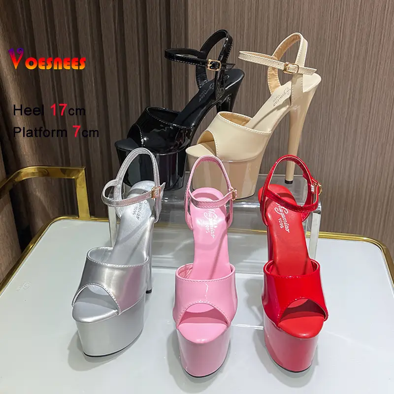 New Beige 17cm Sandals Woman Platform High Heels Shoes Sexy Ankle Strap Open Toe Gladiator Party Dress Women Shoes Plus Size 43