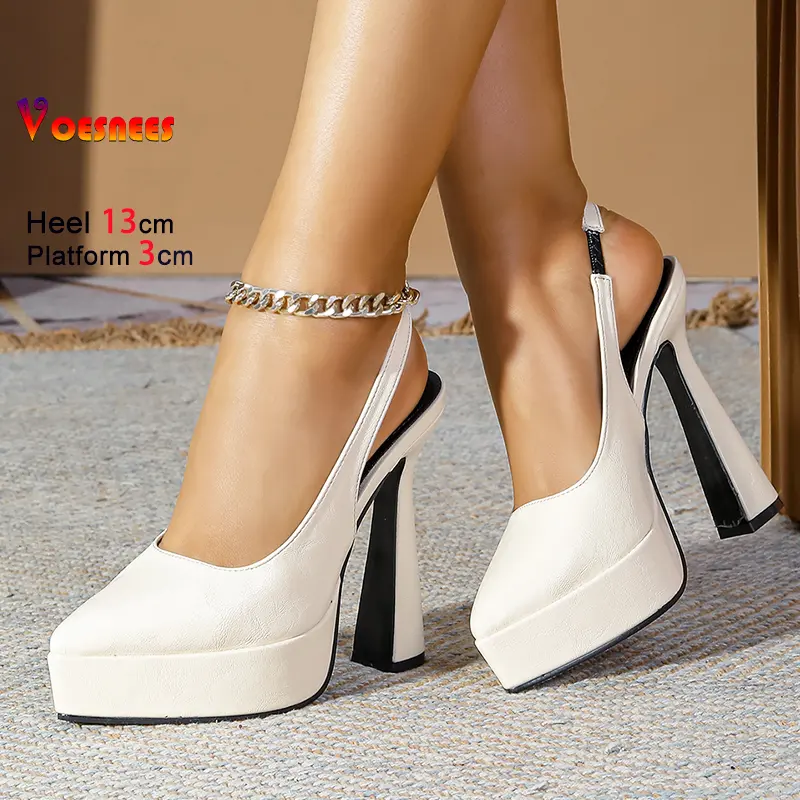 Summer Slingback High Heele 13CM White Pointed Thick Platform Women Shoes Shallow Mouth Europe and America Model Catwalk Pumps