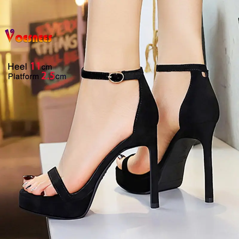 2025 Sexy One Word Band Black Platform Sandals For Woman 11CM Stiletto Cosy Cover Heel Party Dress Shoes Women Summer High Heels