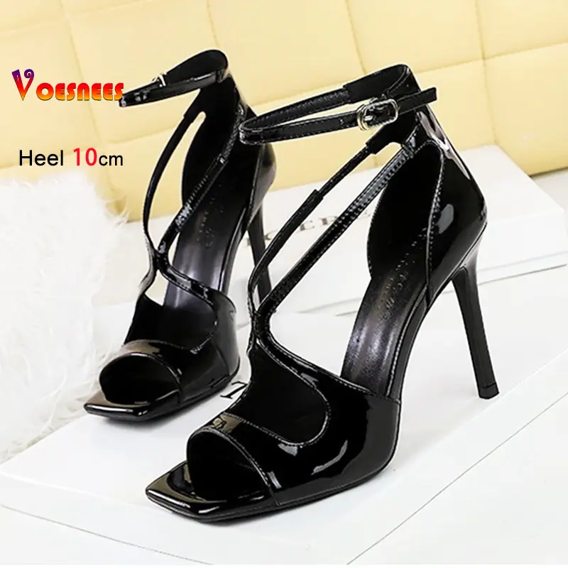 10CM Europe and America Versatile Outdoors Stiletto Square Toe Patent Leather Sandals Runway Women Shoes Summer Office Highheels