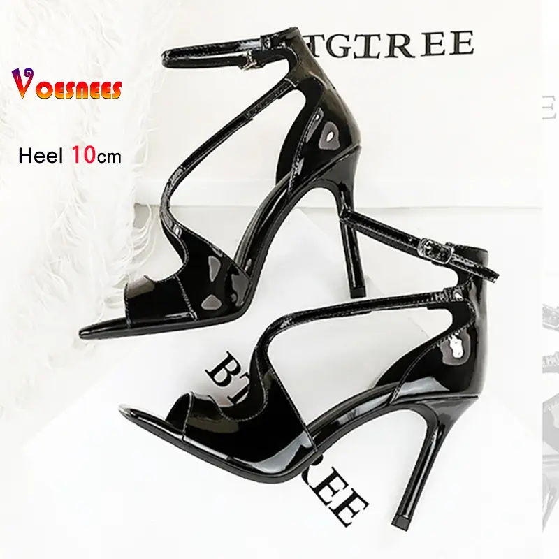 10CM Europe and America Versatile Outdoors Stiletto Square Toe Patent Leather Sandals Runway Women Shoes Summer Office Highheels