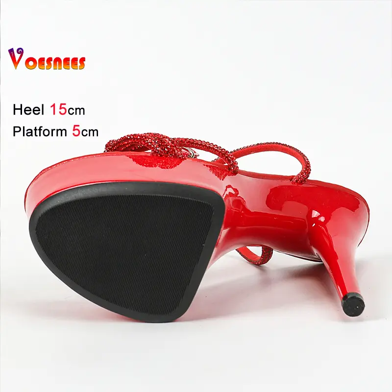 Nightclub Exotic Dancer Summer Sandals Shiny Narrow-band Pole Dance Stripper Heels Women Luxury Rhinestones Runway Shoes 15CM
